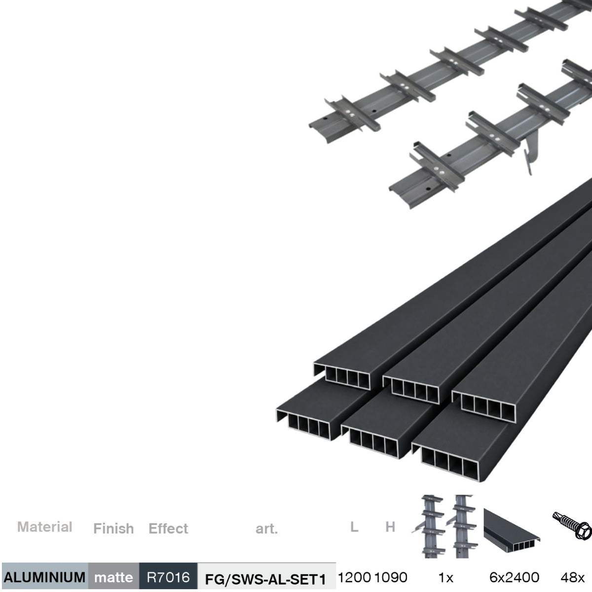 Kit Systeme basculant horizontal en aluminium anthracite 1,09m avec remplissage AL 1,2m anthracite 20x95mm