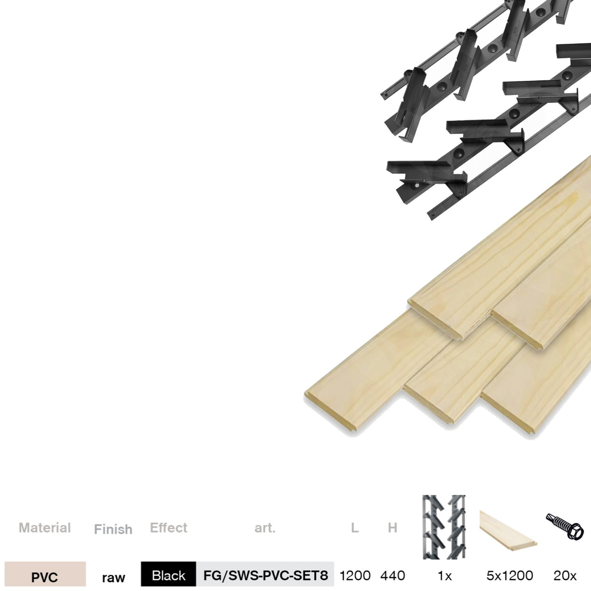 Set schwarzes Kunststoff-Horizontal-Kippsystem 0,44 m mit 1,2 m Kiefernholzfüllung 19x95