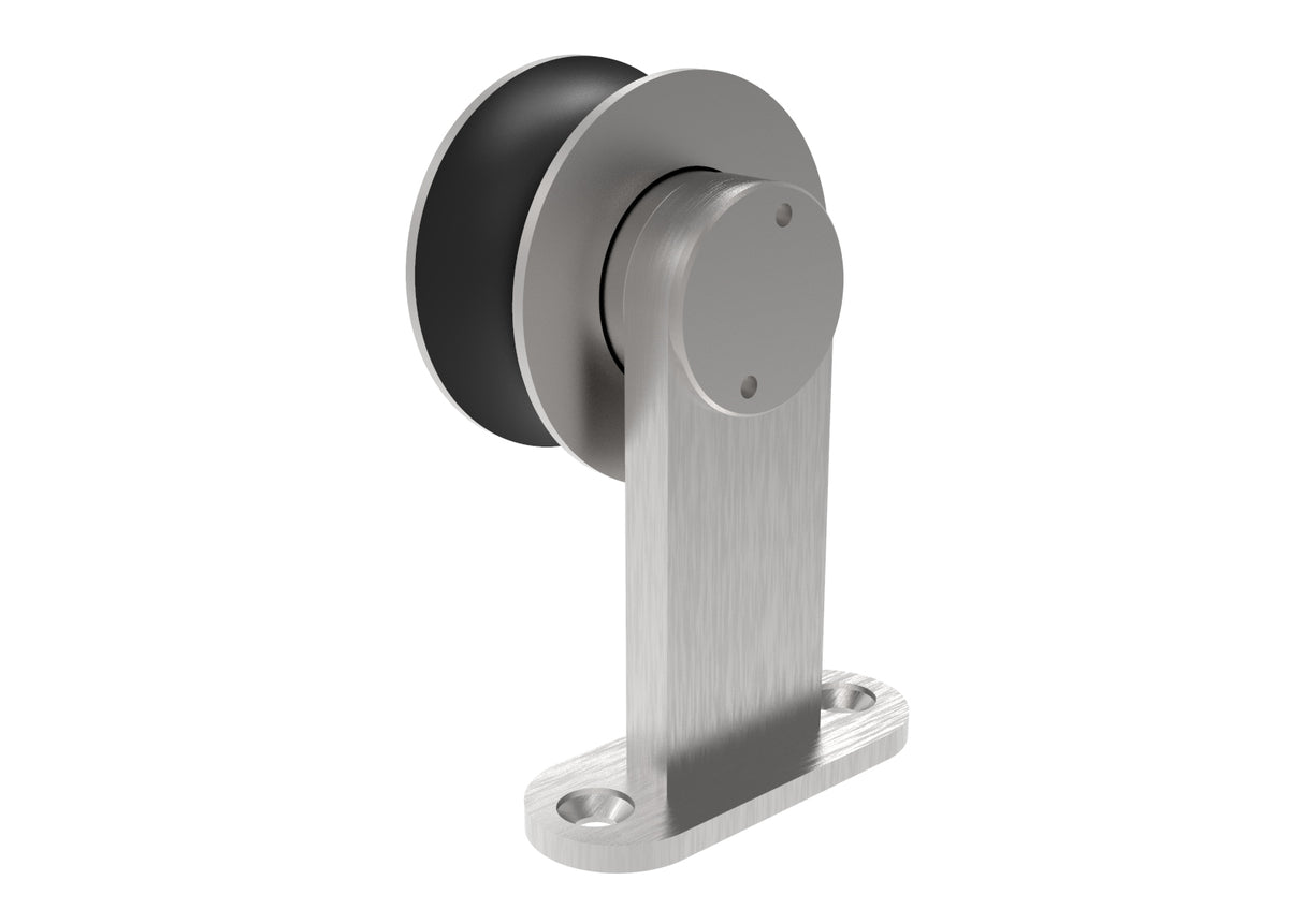 A wheel attached to a pole, used for wooden doors.