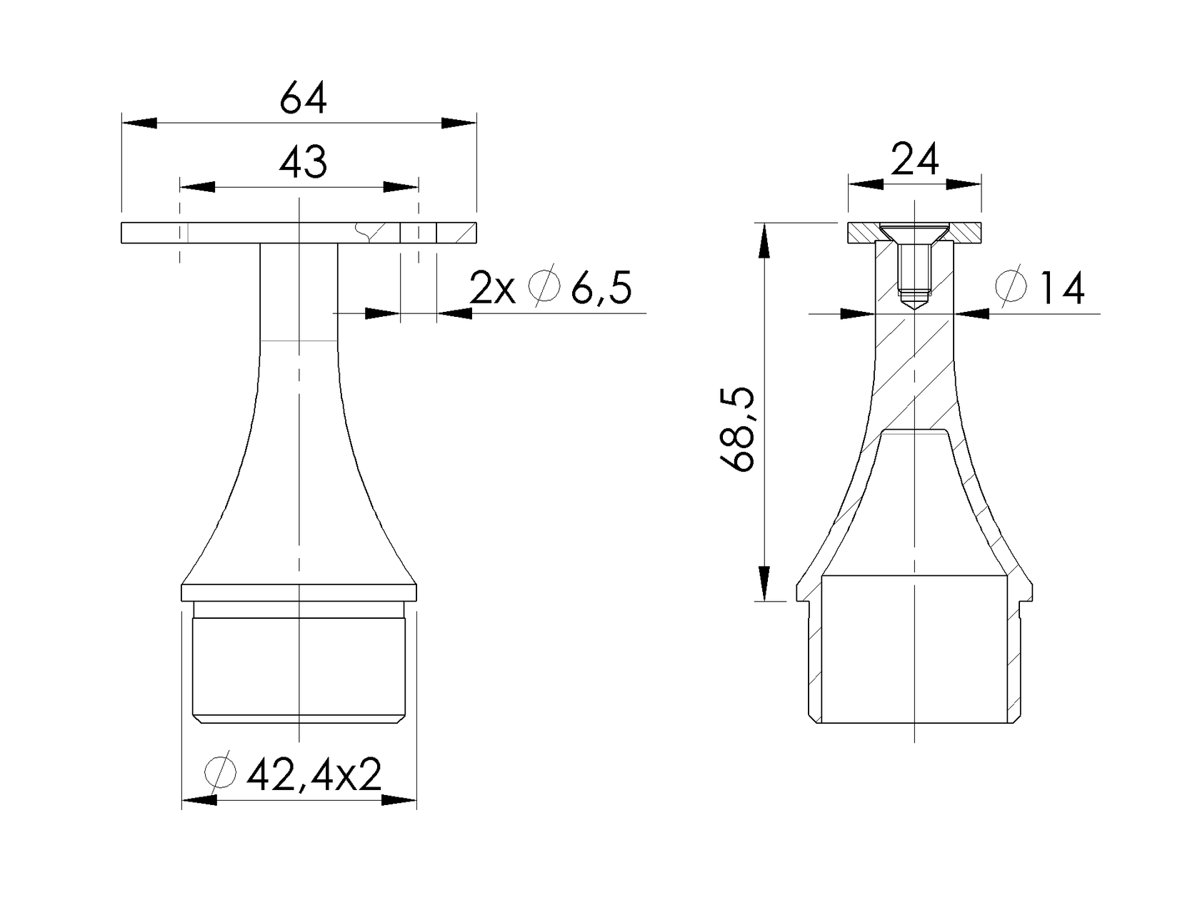 Handrail bracket AISI304, d42,4x2/H67mm