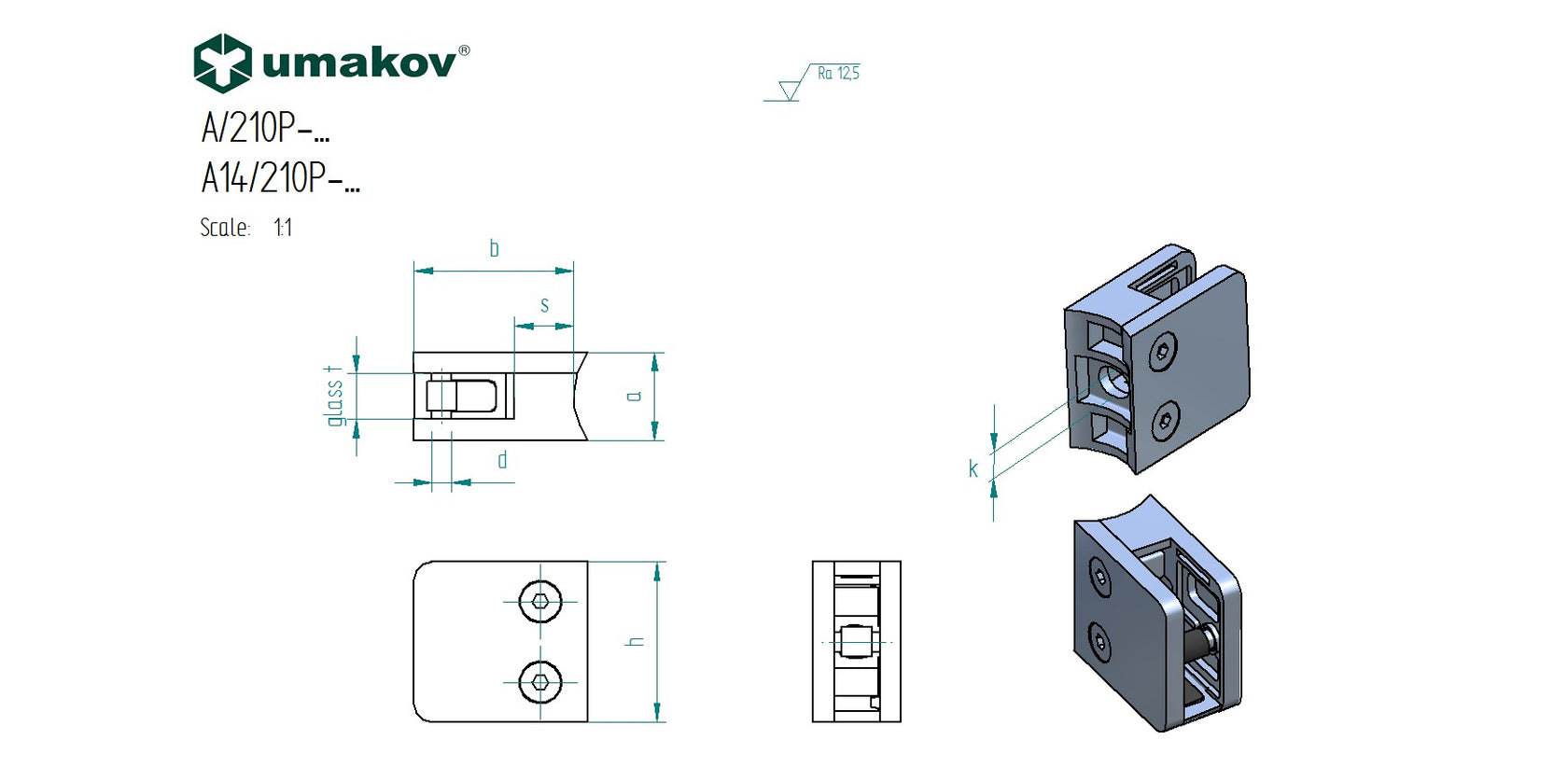 Glass clamp model 210P, D42,4x2/45x45mm