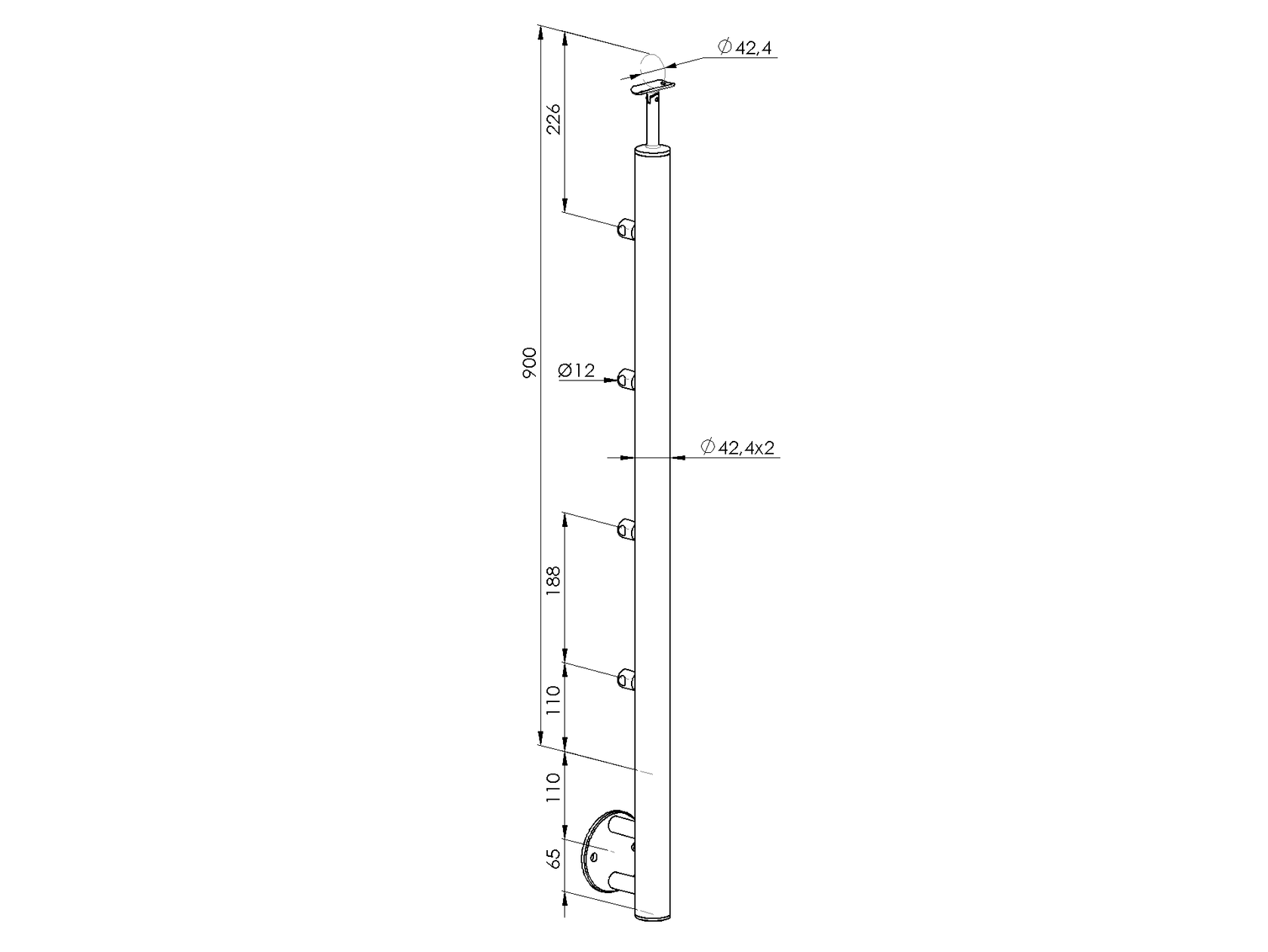 Stainless steel pole, BK-straight AISI304, D42,4x2