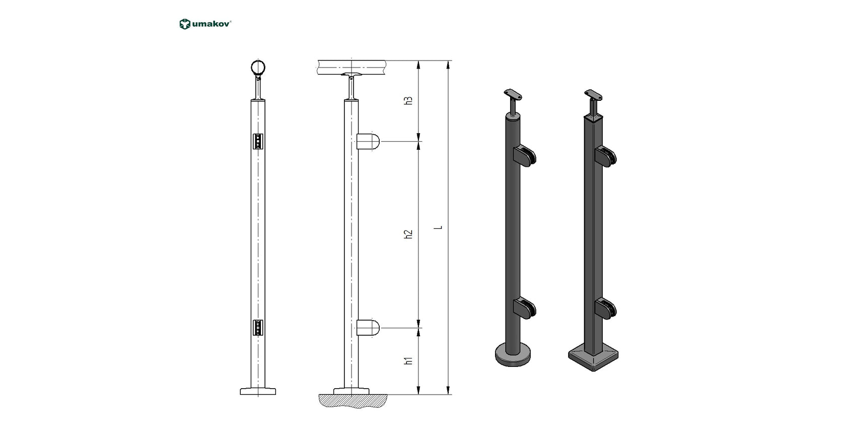 Baluster post inox AISI316, D42,4/4xmodel22/H1000m