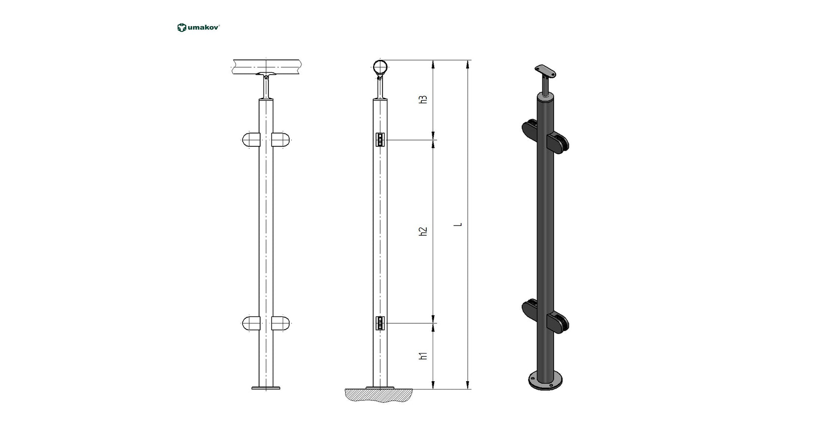 Stainless steel pole AISI304, D42,4x2/4xmodel20/H1