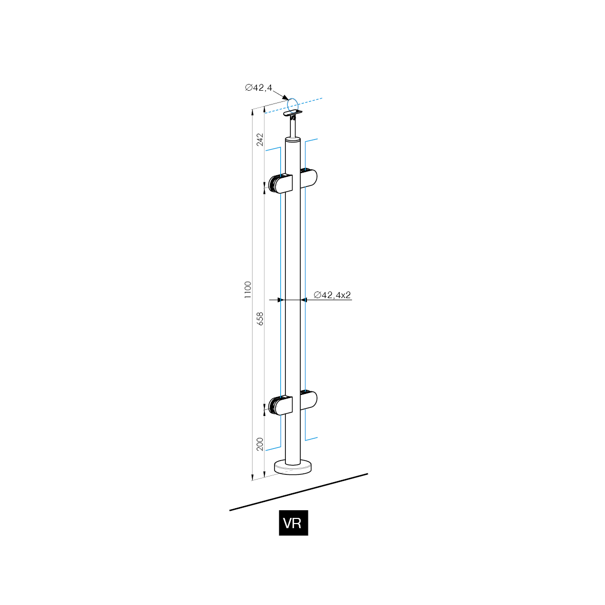 Baluster post inox AISI304, D42,4x2/4xmodel22/H110