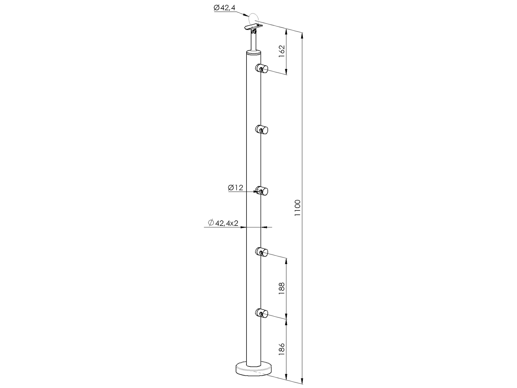 Stainless steel pole, VK-staircase AISI304, D42,4x
