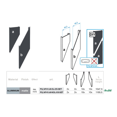Click-lock spacer cover strip for U40-adapter, 41 x 09 - 30mm - Anthracite R7016, slanted with 5 mm overlap - SET