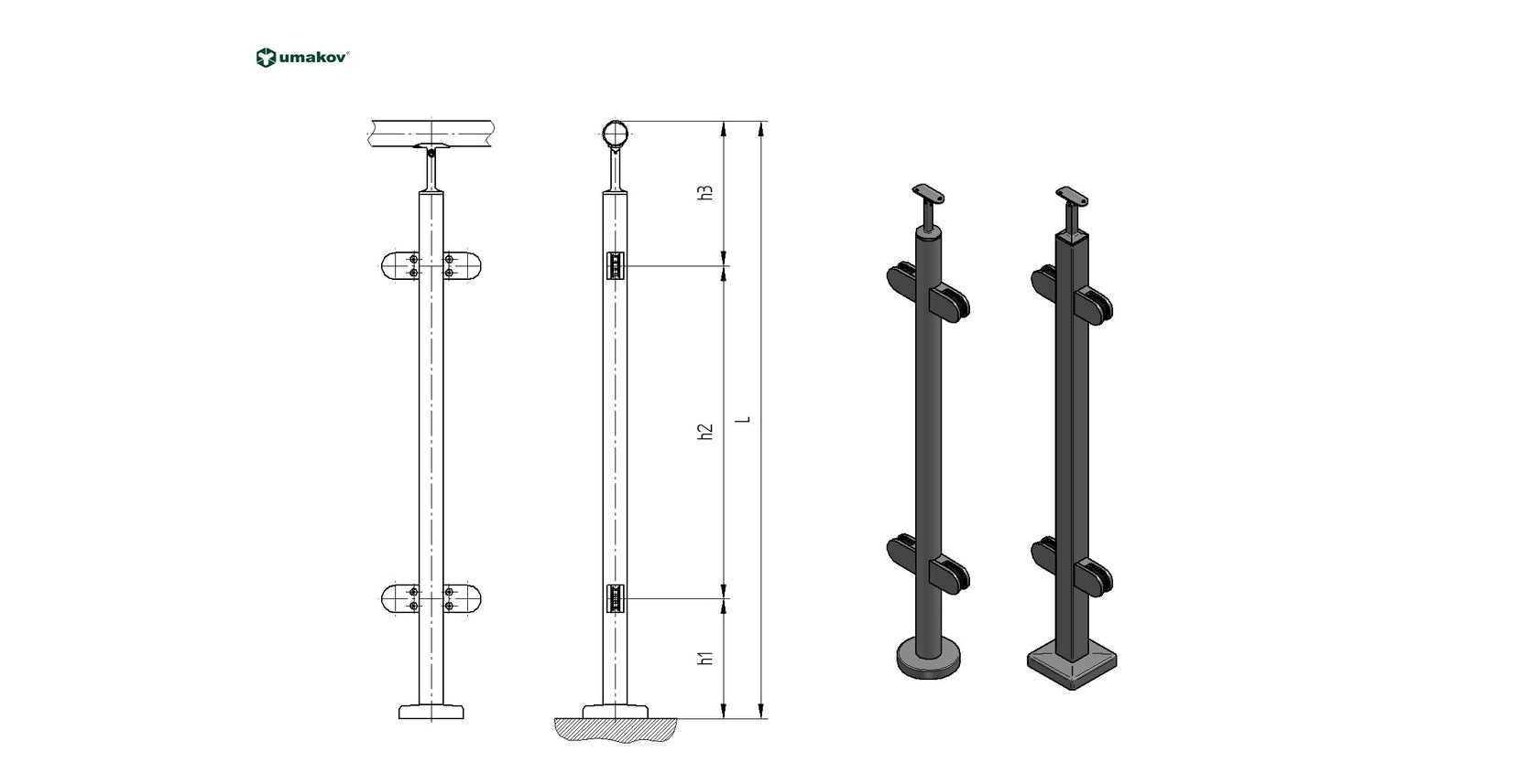Oak pole D42,4 - 4 clamps, h=100cm, VK - straight