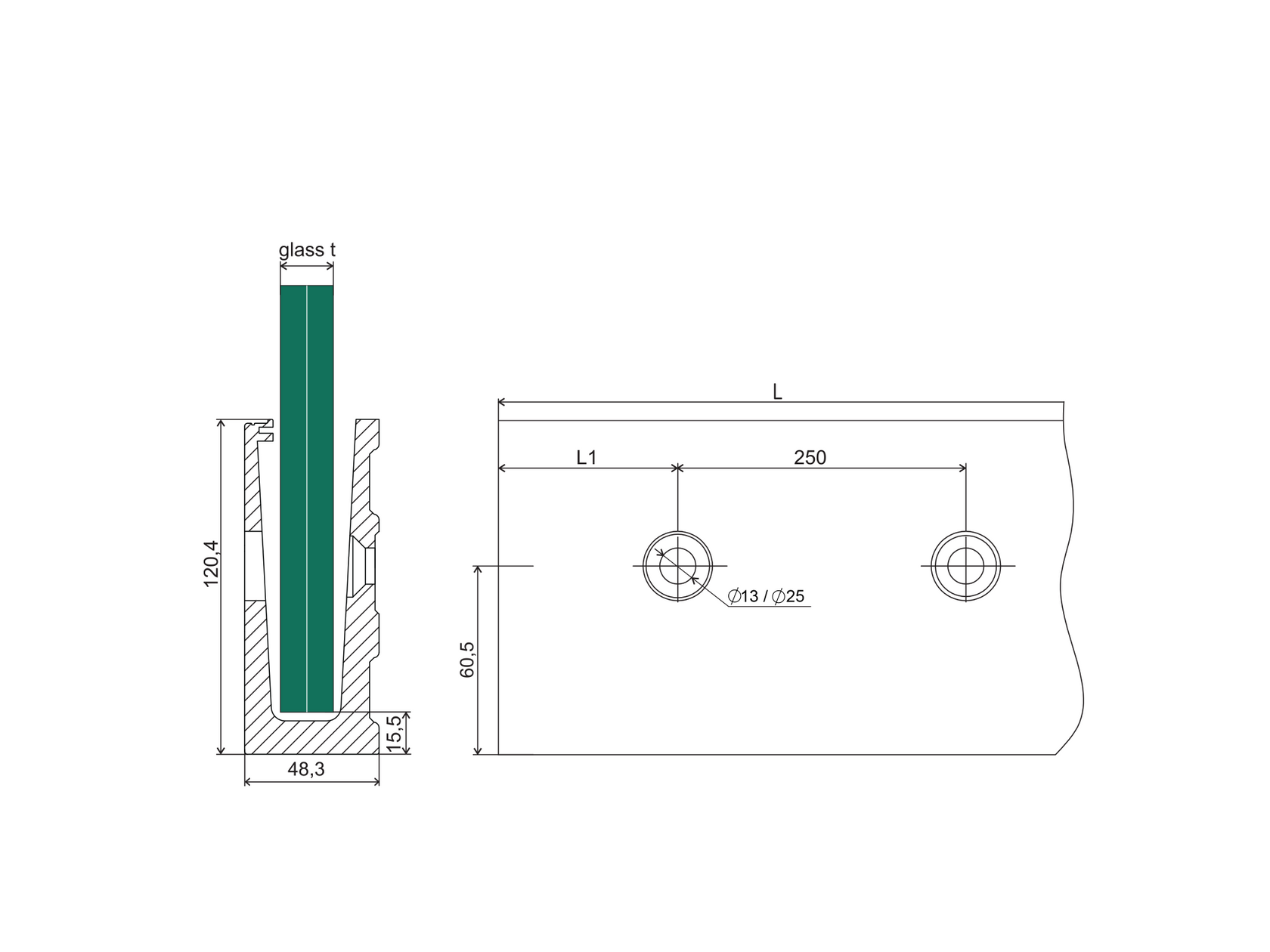 Aluminium profile - side mounting