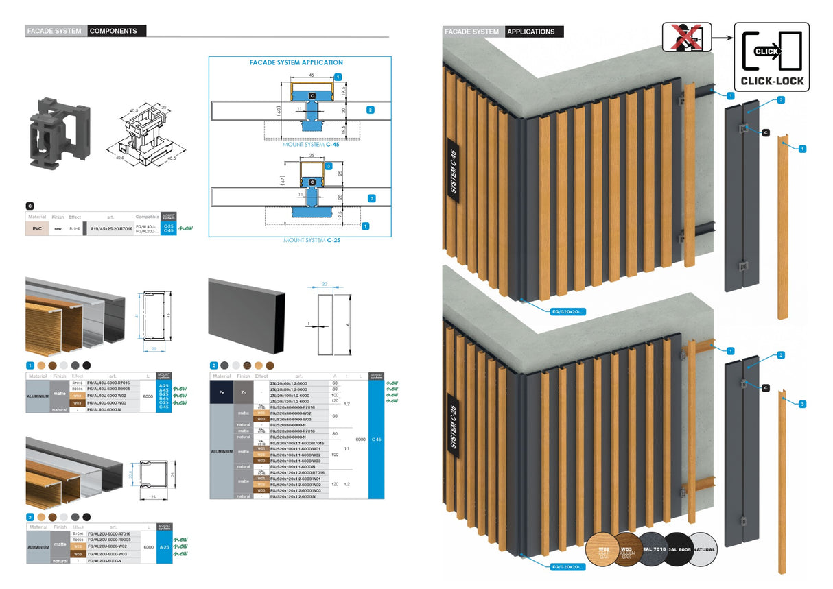Click-lock connector for façade system with slats, 45 x 25 - 20 - Anthracite RAL 7016, 50pcs