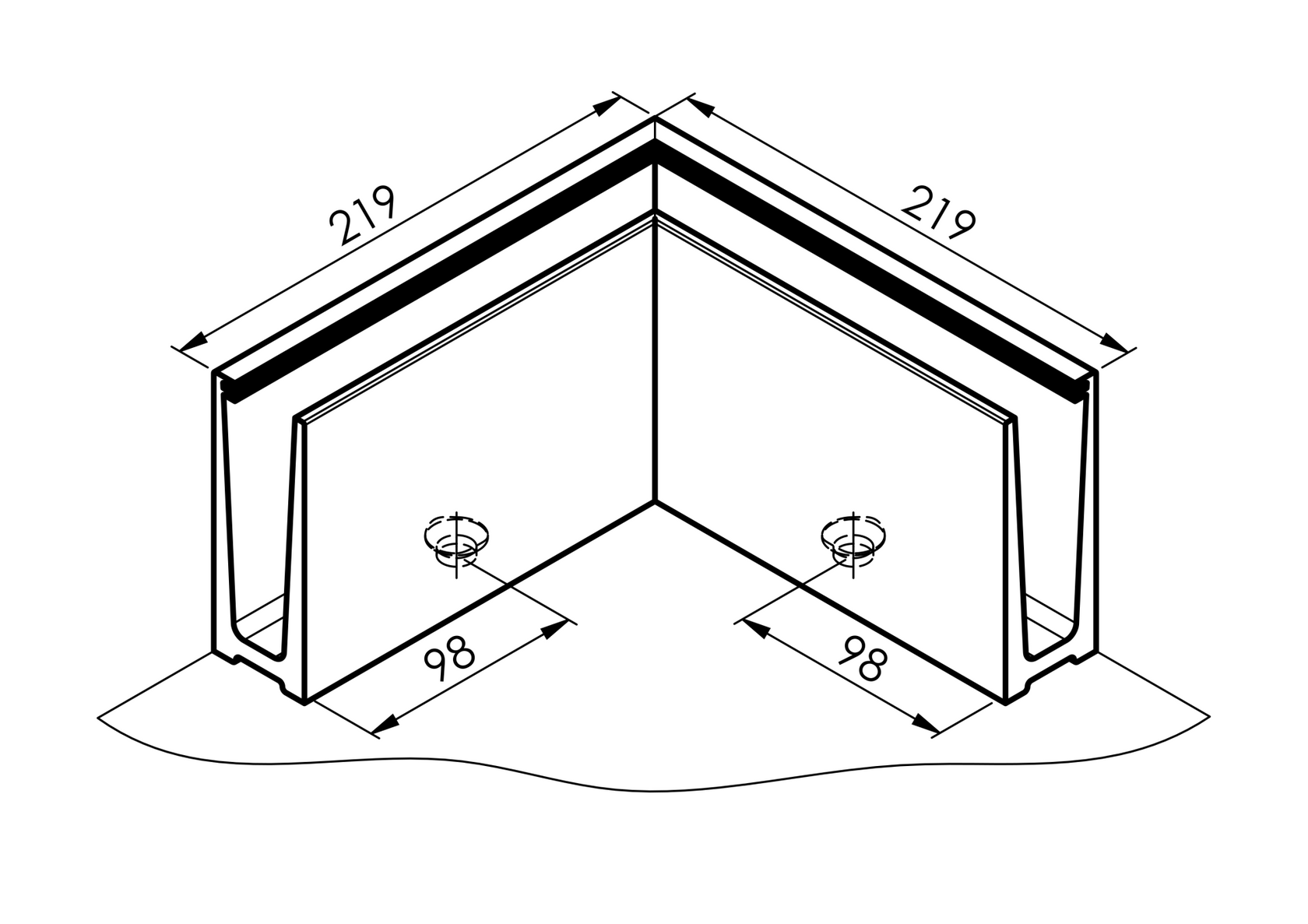 Top mount - glass AL/ELOX/Satin L195mm, 90°out