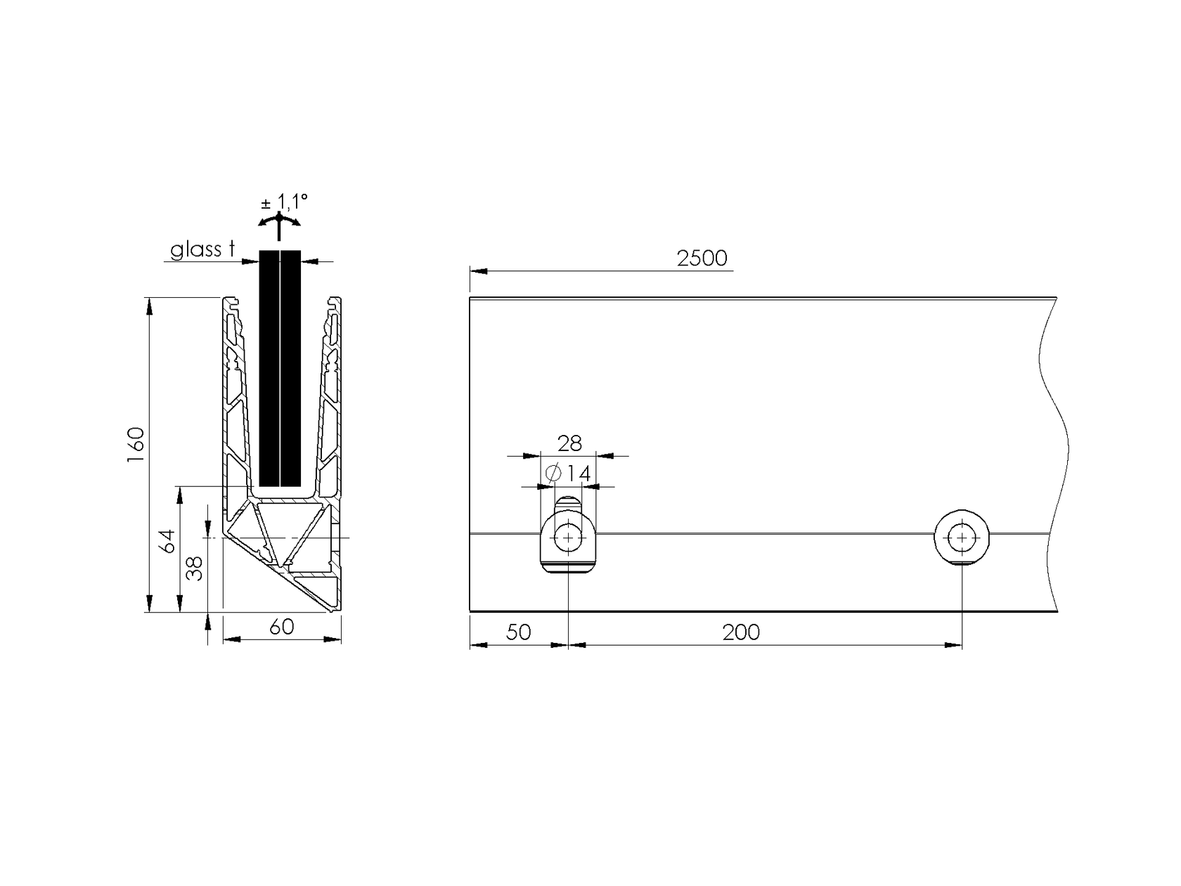 Aluminium profile for glass railing -side mounting