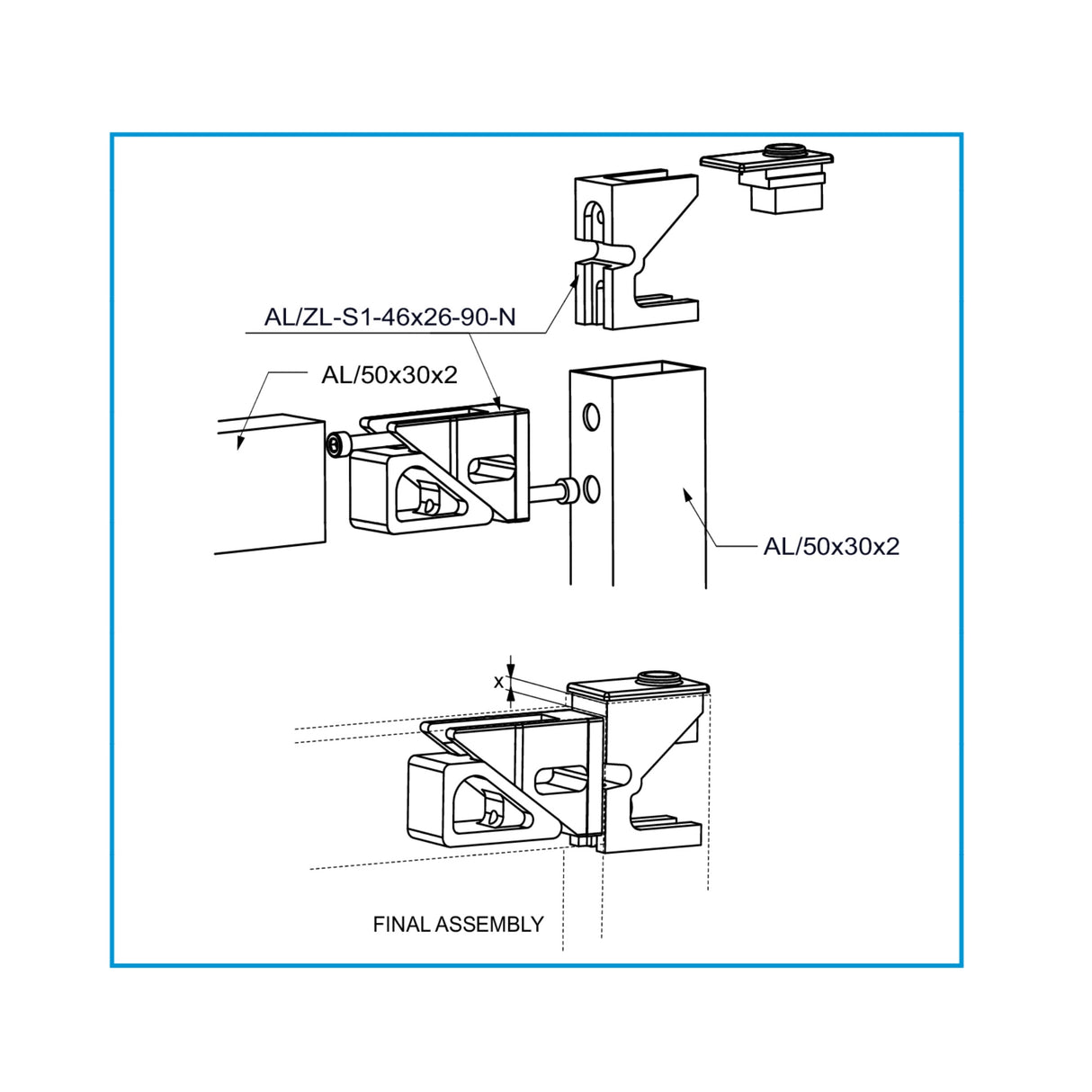Corner connector 46x26 for profile 50x30