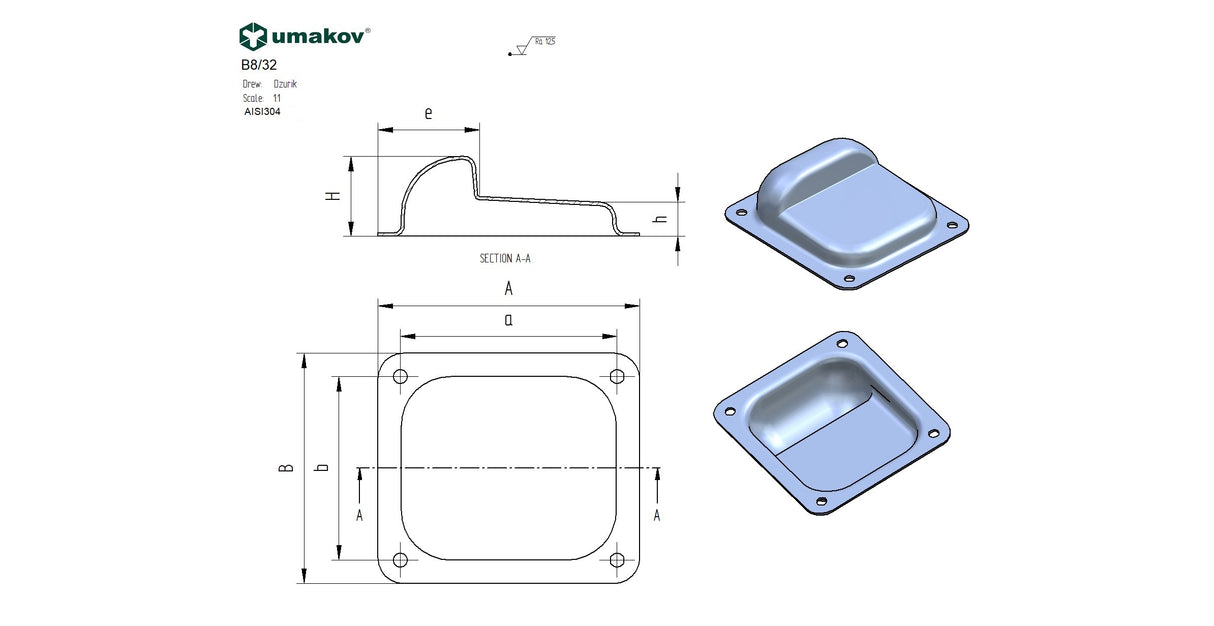 Stop center fixed inox, 158x138x50mm