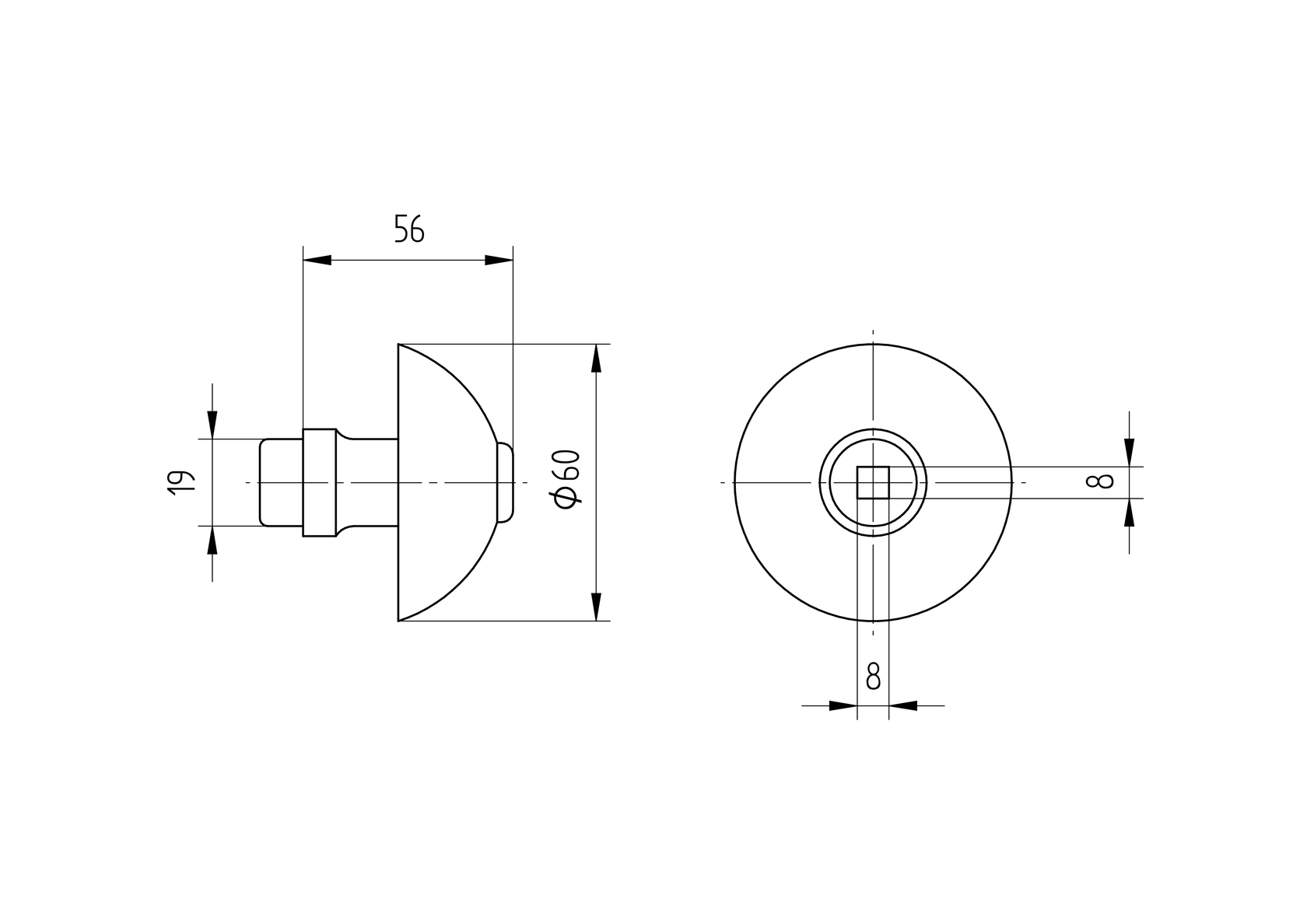 Doorknob d60mm, D19mm, Zn