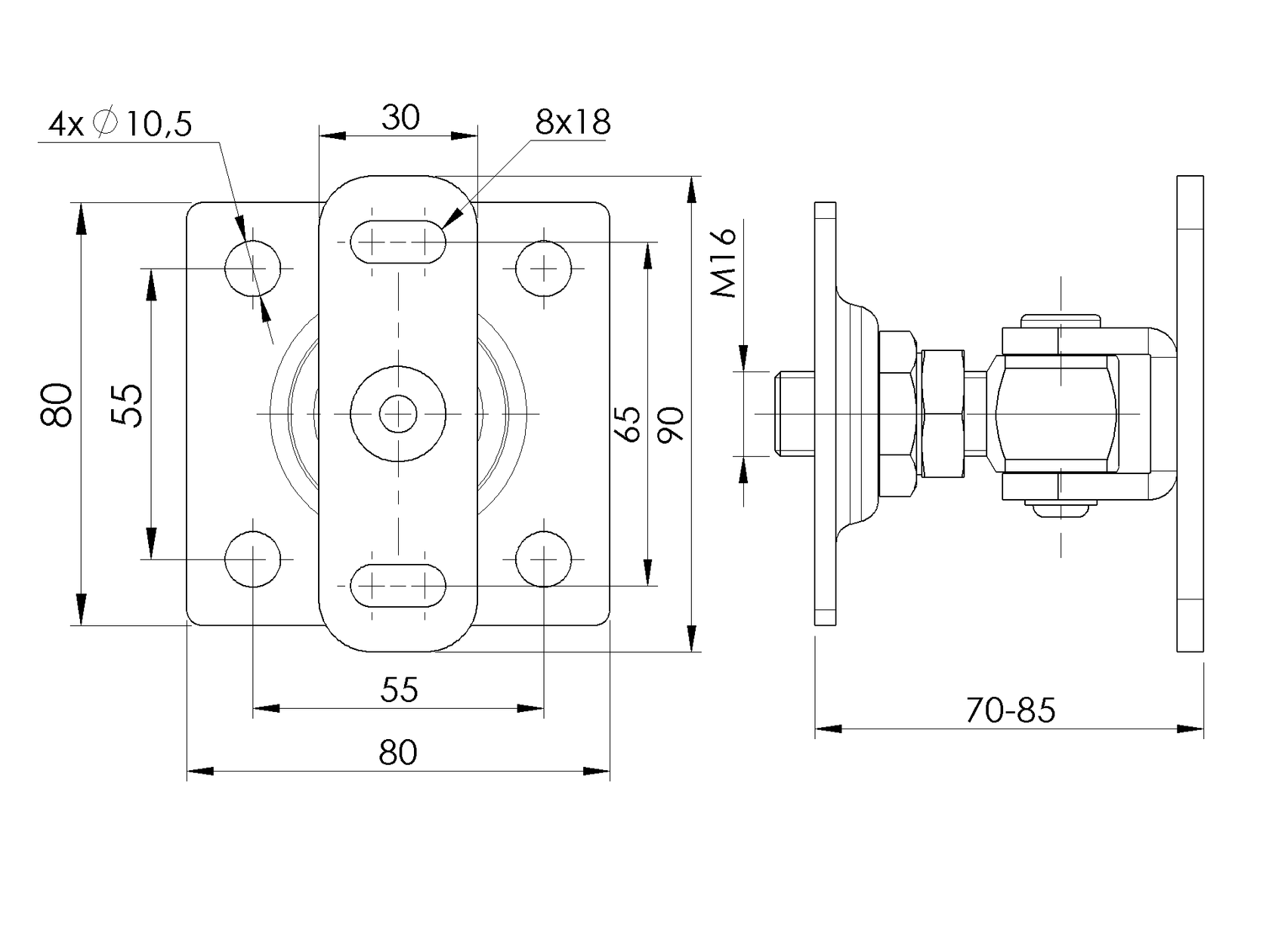 Adjustable hinge with anchoring flange, INOX, M16