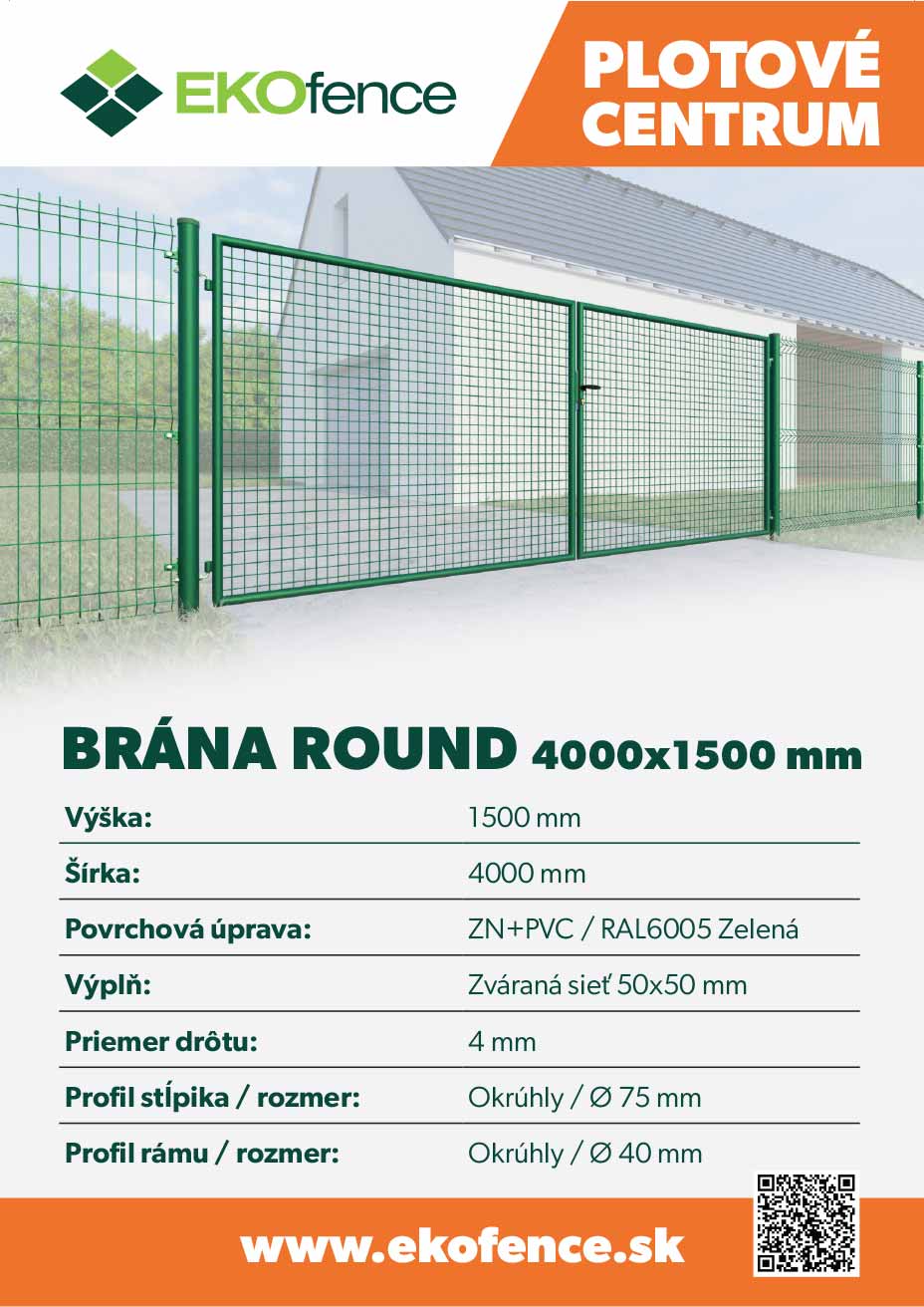 Brána 2kr. ROUND ZnPVC 4000x1500mm, D75mm, zelená