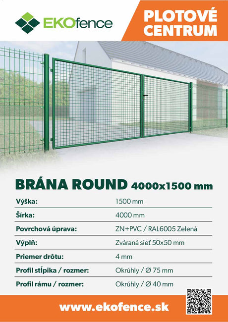 Brána 2kr. ROUND ZnPVC 4000x1500mm, D75mm, zelená