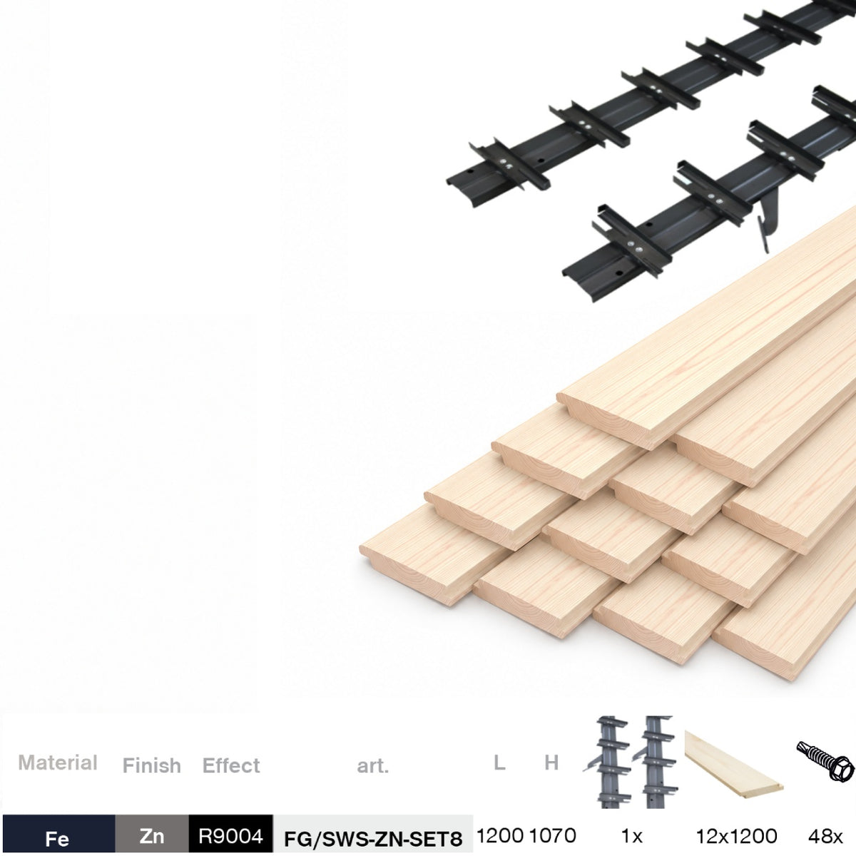Set Schwarz verzinktes Stahl-Horizontal-Kippsystem 1,07 m schwarz mit 1,2 m Kiefernholzfüllung 19x95