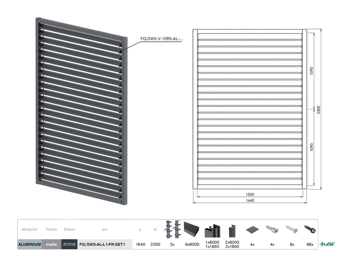 Set ALAntrac horizontales Kippsystem 2,3x1,6m mit 1,5m ALAntrac Rautenfüllung 20x105, im ALAntrac Rahmen 50x60