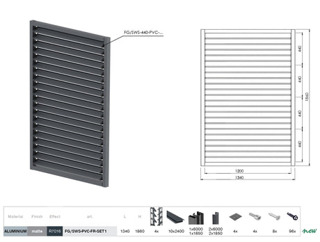 Kit systeme basculant horizontal en plastique noir 1,86x1,34 m avec remplissage AL Anthracite 20x95 de 1,2 m, dans un ca