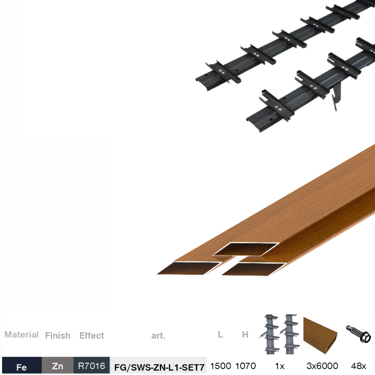Kit Noir Acier Galvanisé Systeme Inclinable Horizontal 1,07 m avec 1,5 m Décor Bois CHENE DORÉ Remplissage Rhomboidal 20