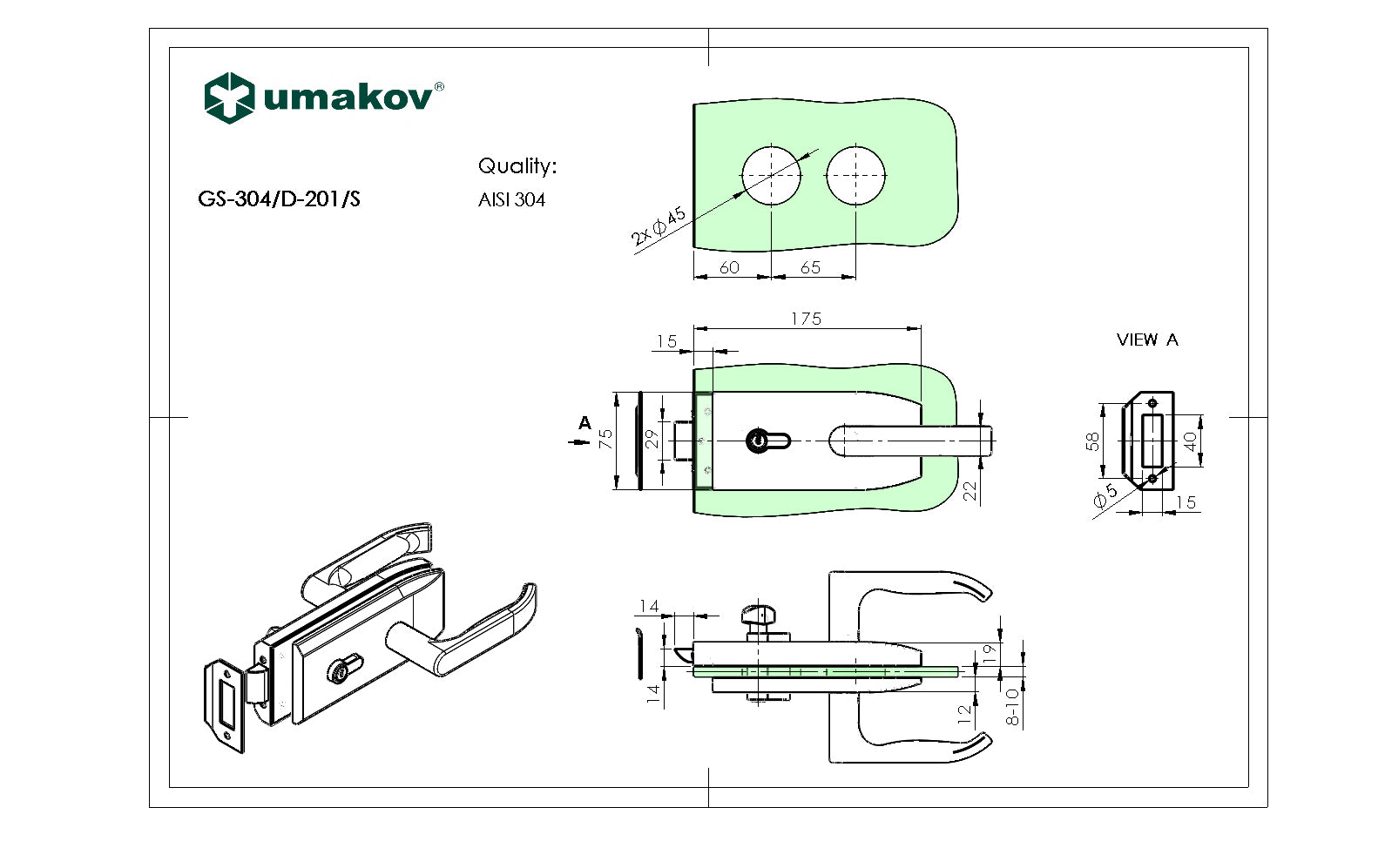 Lock for glass door inox, glass t 8,10,12mm