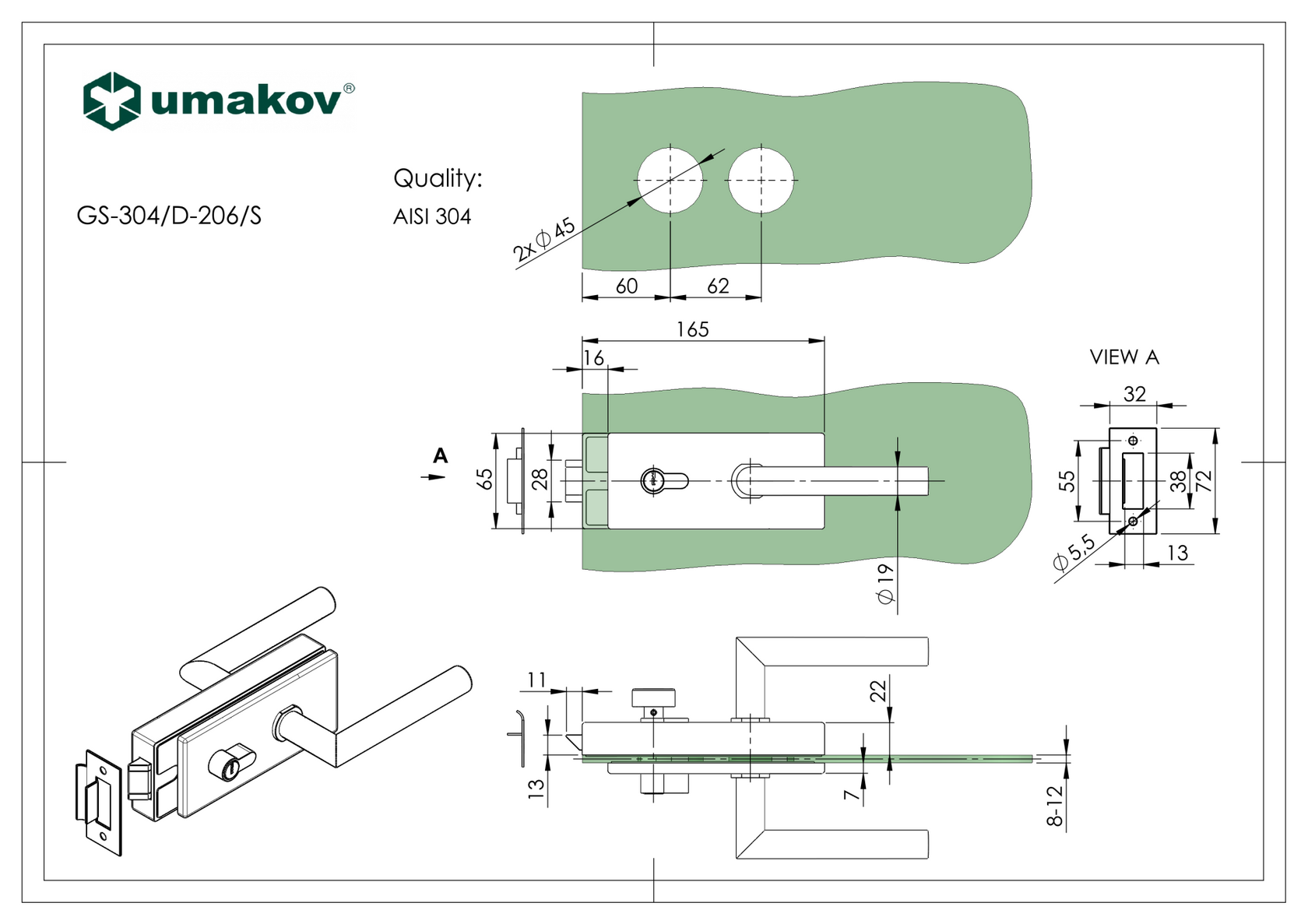 Glass door handle with lock PZ type PZ
