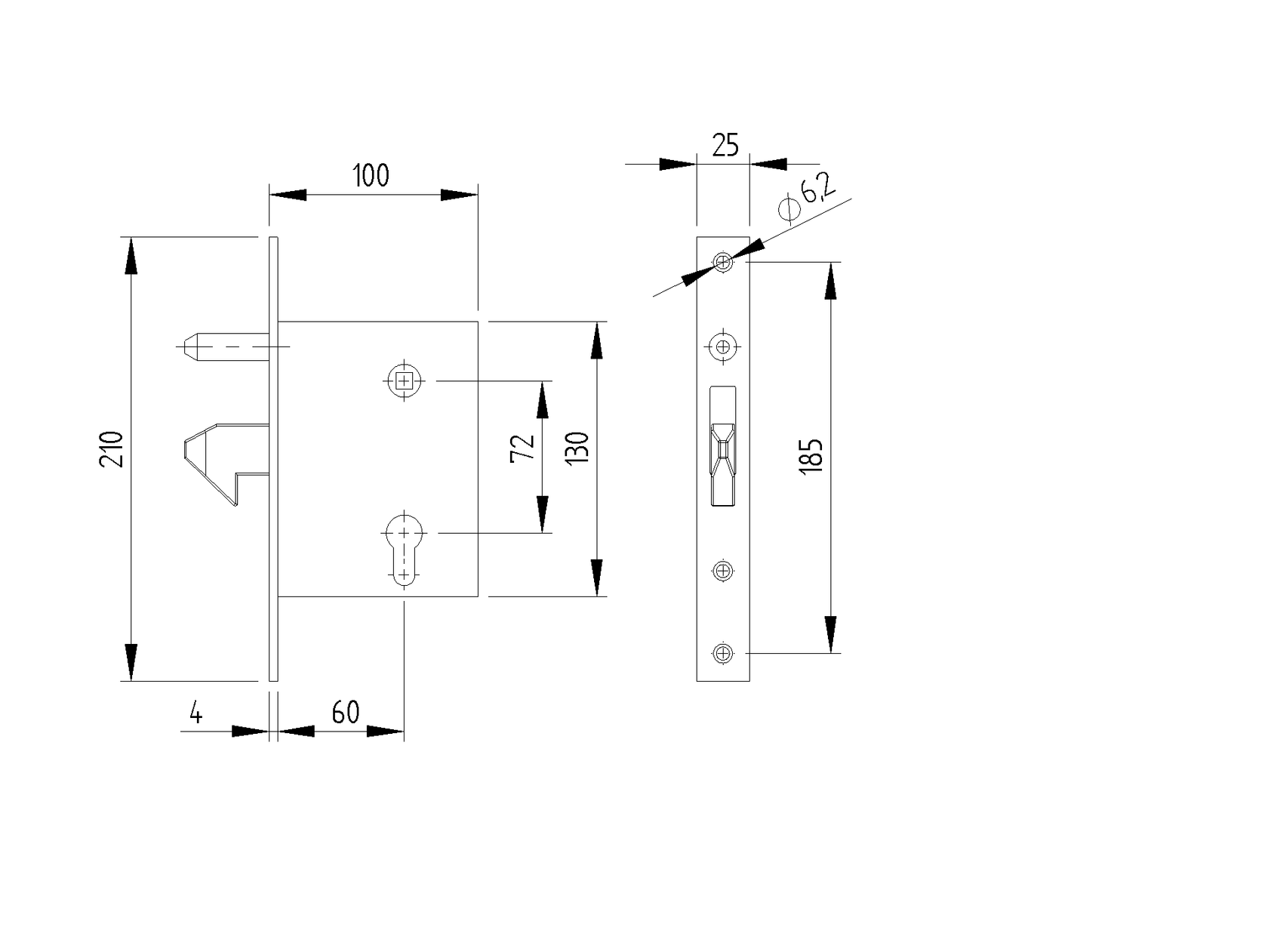Lock for sliding gate with counterpart 72x60mm