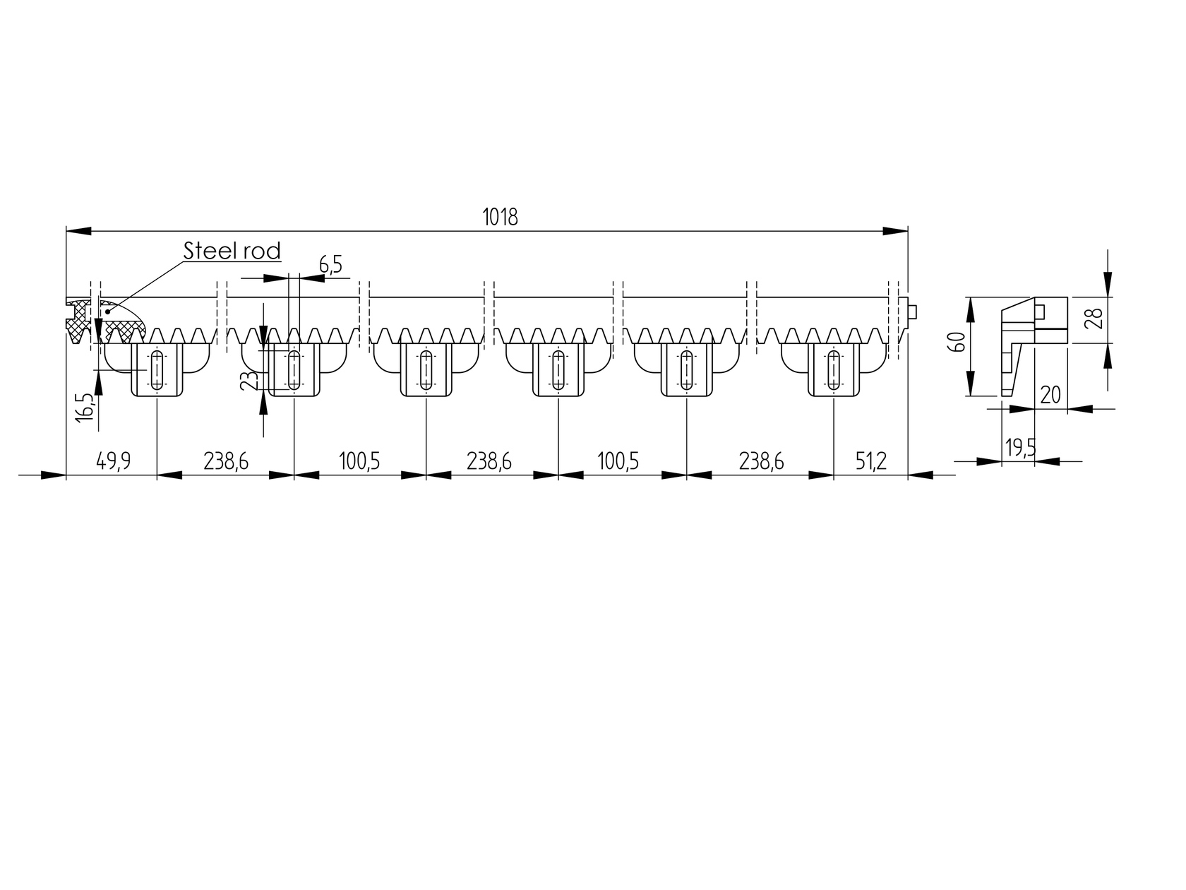 Tooth rack PVC+Fe,27x20mm,L1m,max 1200kg