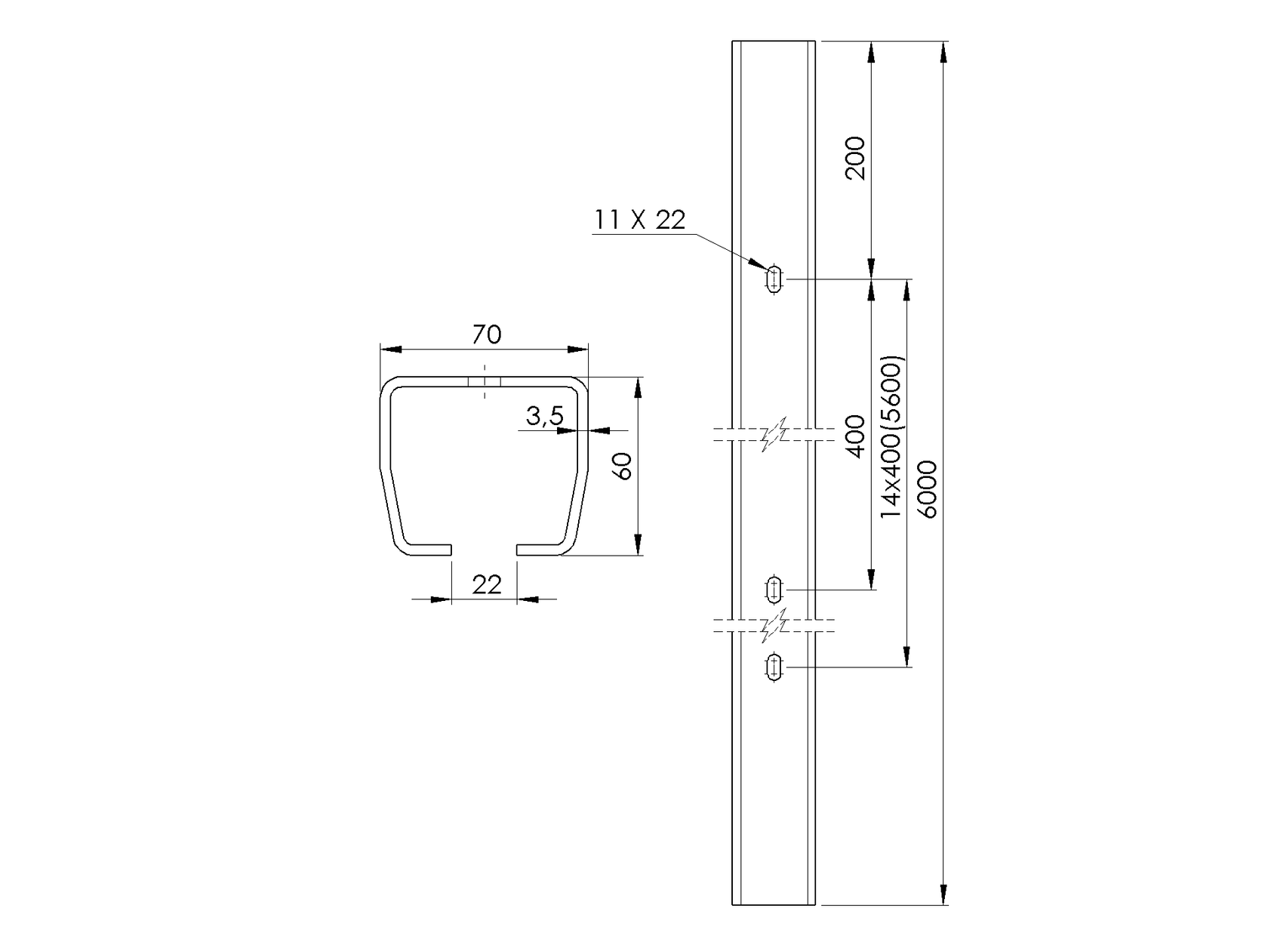 Guide profile with holes Zn, 70x60x3.5mm, L6m