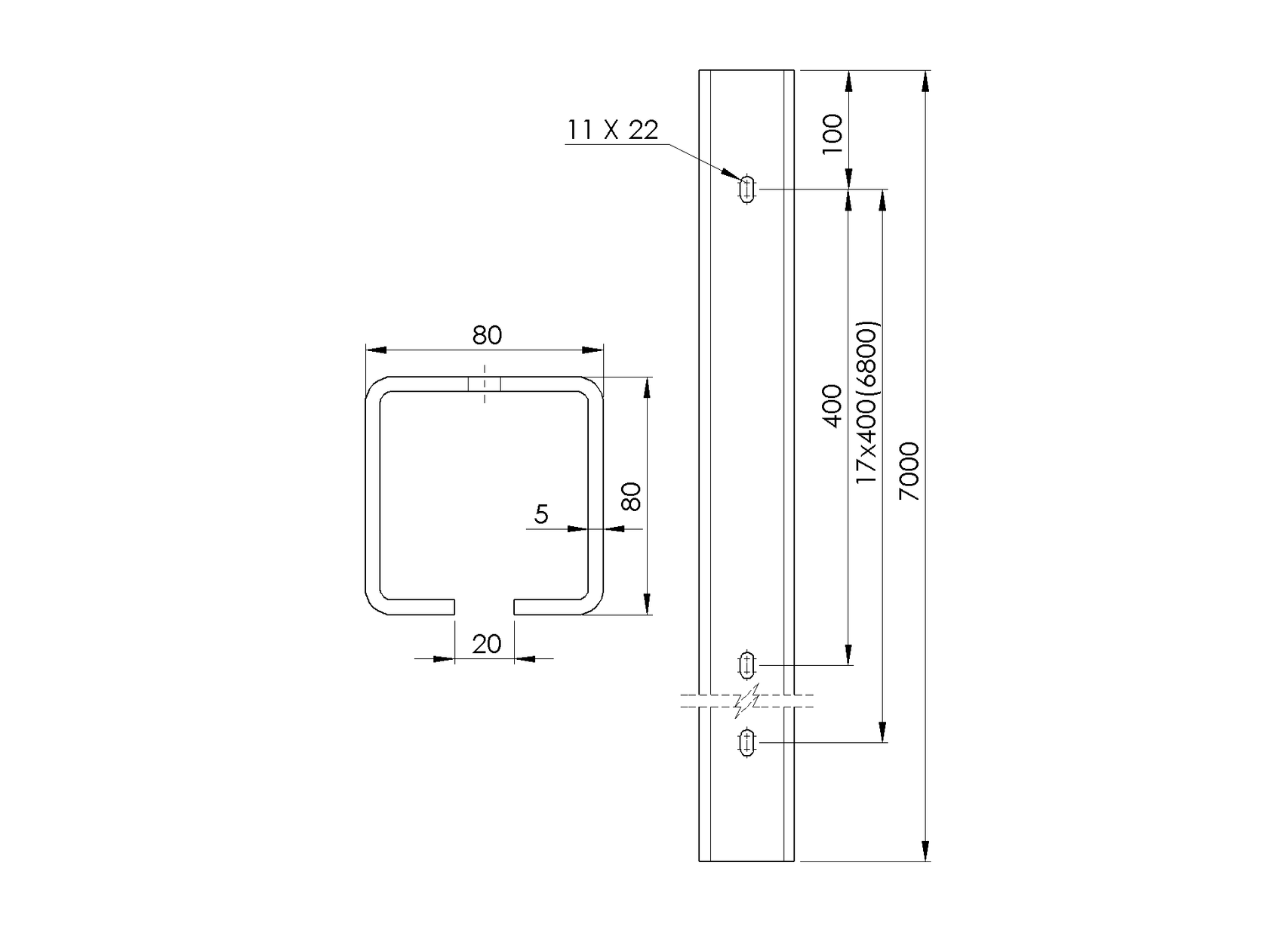 Guiding track Zn, 80x80x5mm, L7m