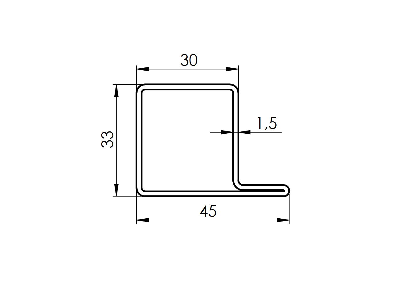 Closed profile L, 45x30x30x1,5, L6000mm