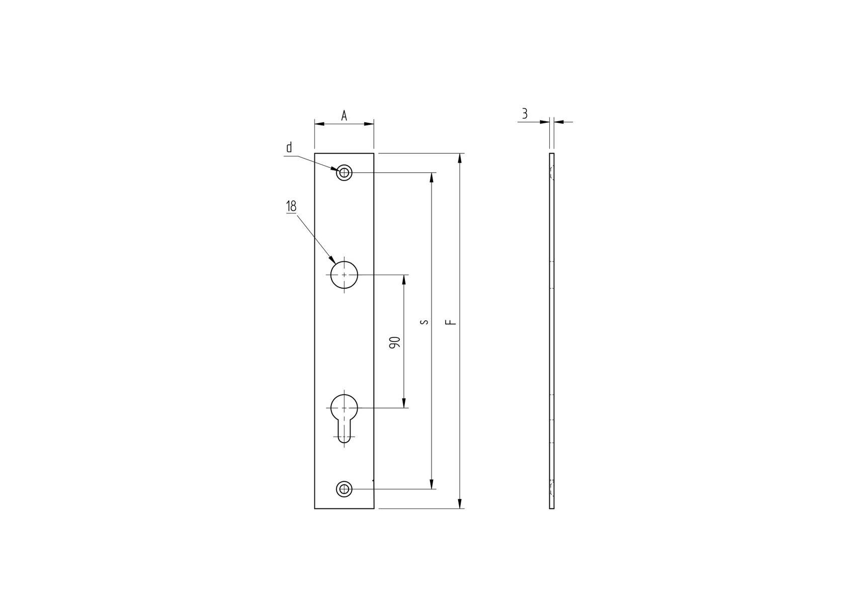 Lock plate 240x50, t3, D18, 90mm