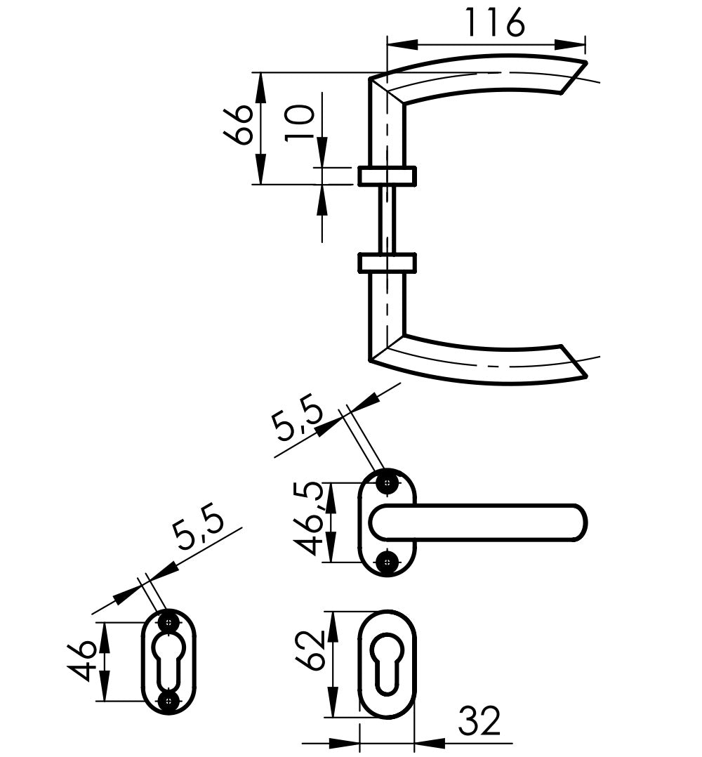 Door handle with plate, pair AISI 304, K320,