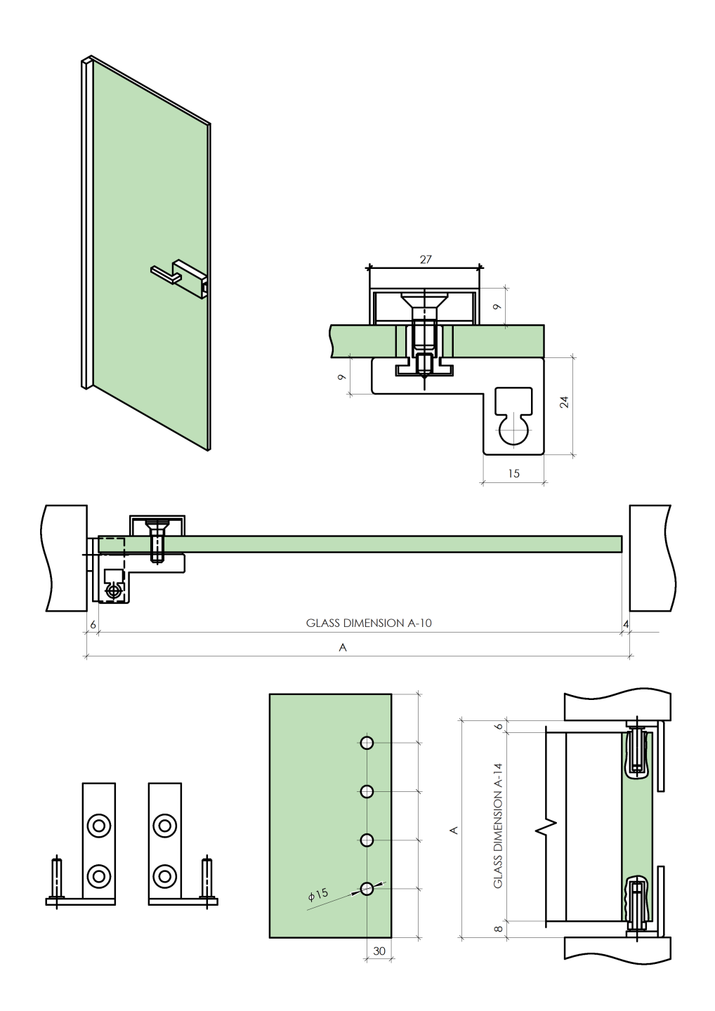 Door profile for glass door + hinges
