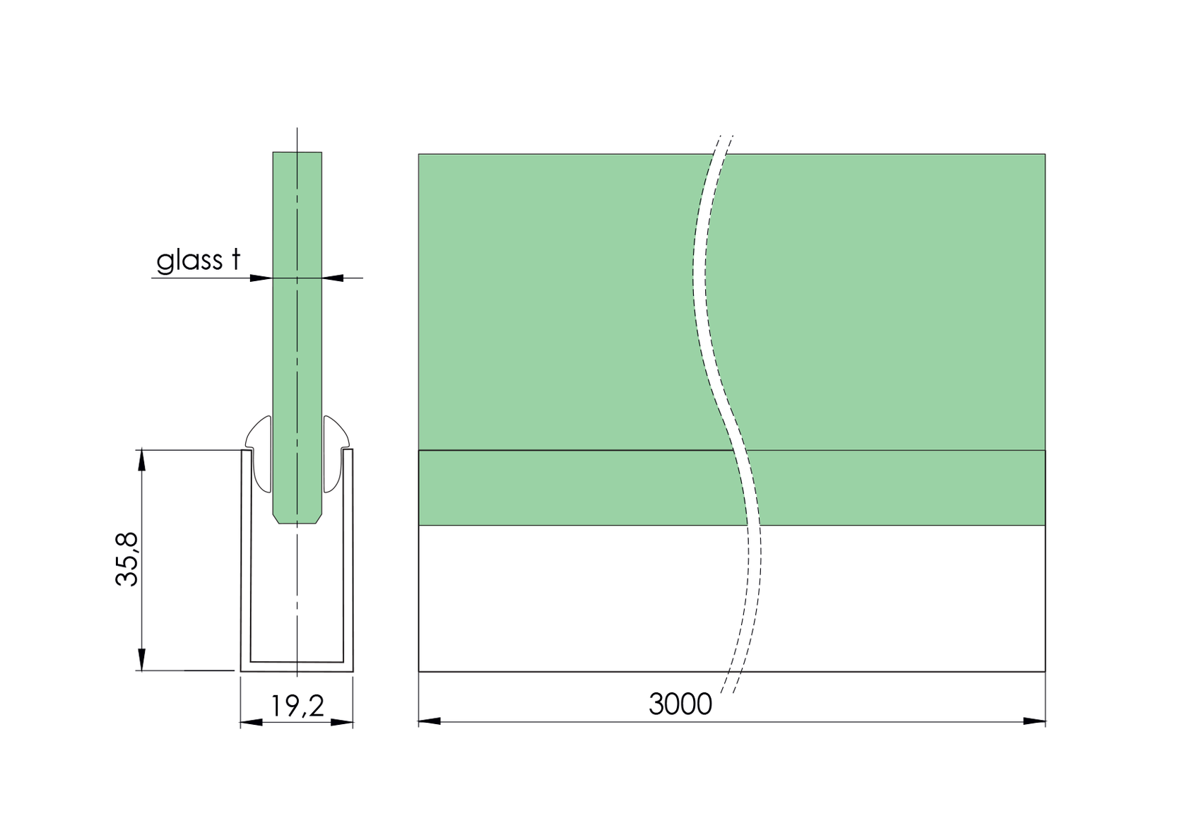 Aluminium U profile AL 36x19x2mm